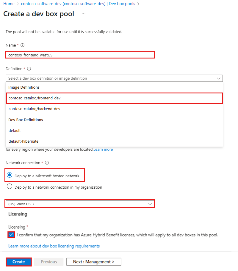 Screenshot del riquadro Informazioni di base per la creazione di un nuovo pool di box di sviluppo.