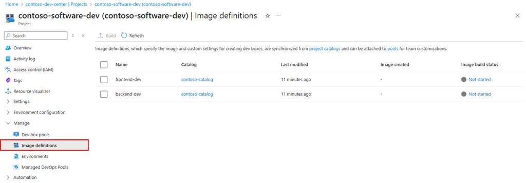 Screenshot della pagina Definizioni immagine che mostra le definizioni di immagine importate dal catalogo.
