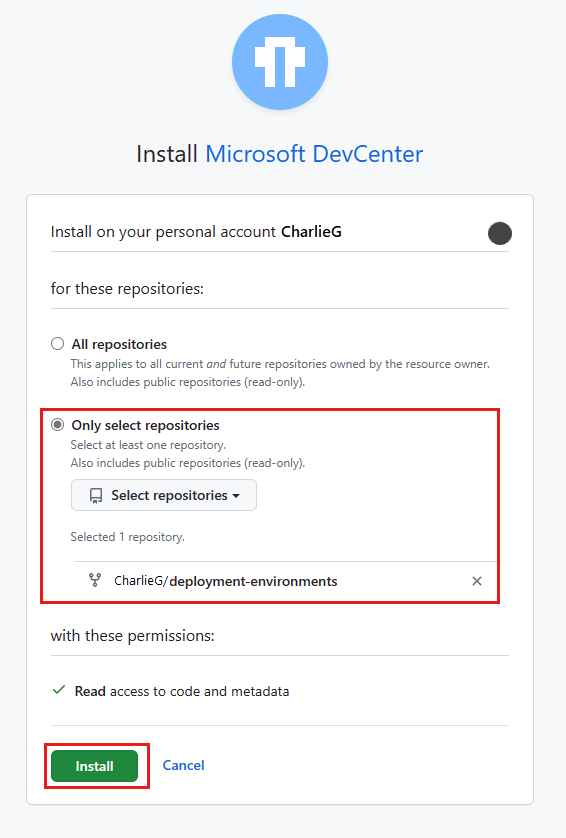 Screenshot della pagina Installa Microsoft DevCenter con un repository selezionato ed evidenziato.