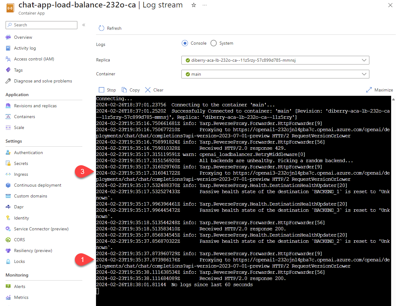 Screenshot che mostra i log di streaming di App contenitore di Azure con due righe di log evidenziate che illustrano il commento del log. 