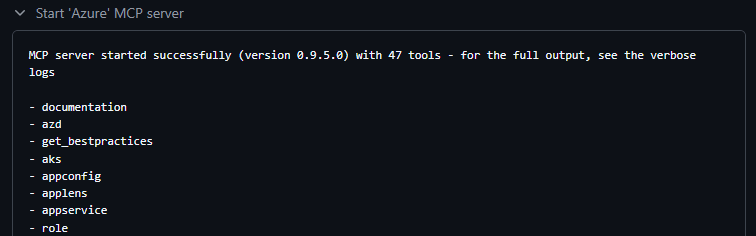 Screenshot che mostra l'avvio del server MCP di Azure.