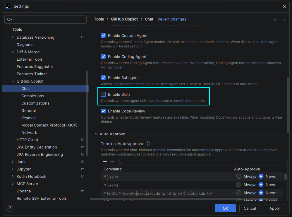 Screenshot che mostra come abilitare le competenze nelle impostazioni di GitHub Copilot in IntelliJ IDEA.