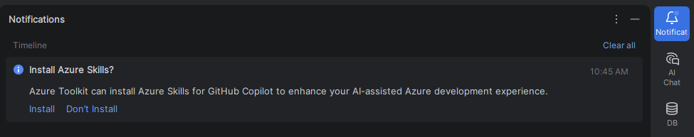 Screenshot che mostra la notifica di installazione di Competenze di Azure in IntelliJ IDEA.