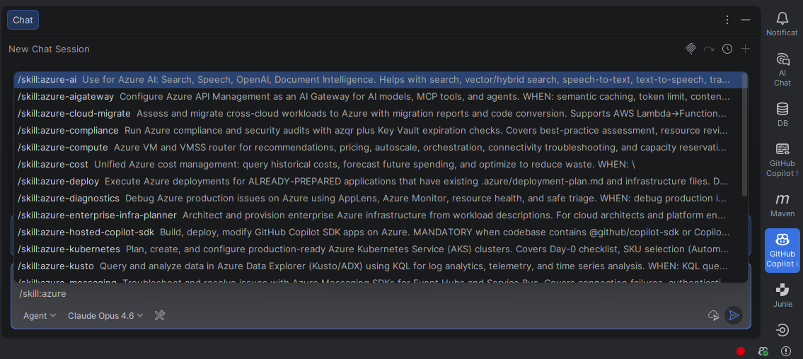 Screenshot che mostra l'output di verifica delle competenze di Azure in IntelliJ IDEA.