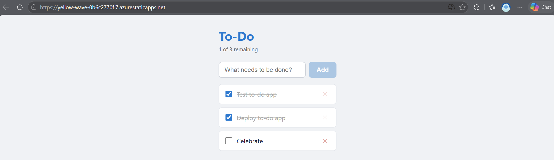 Schermata dell'app Web To-Do distribuita su App Web statiche di Azure con due attività completate e una ancora da completare.