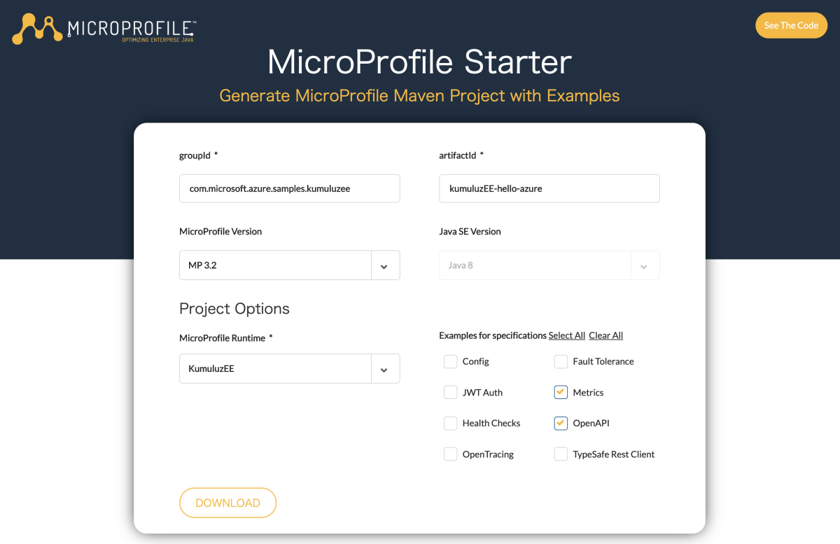 Screenshot che mostra MicroProfile Starter con Kumuluz edizione Enterprise runtime selezionato.