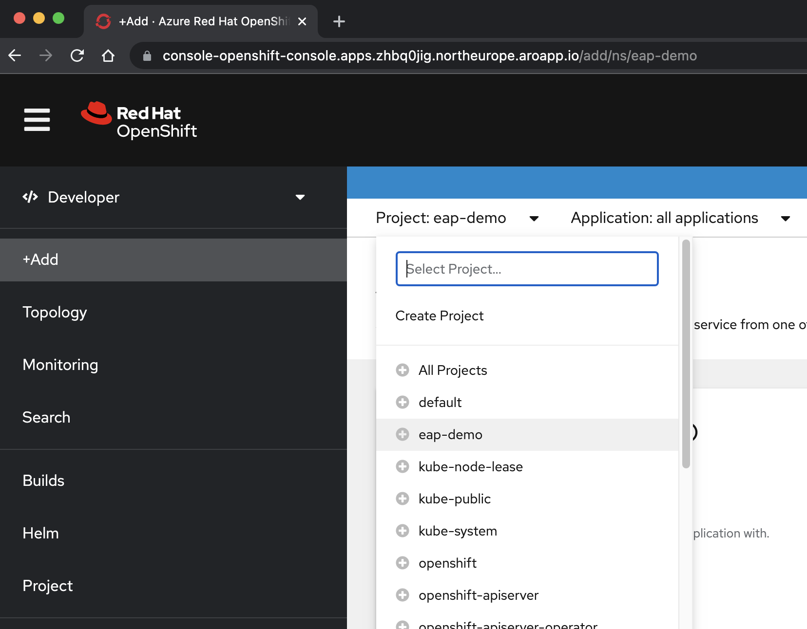 Screenshot della casella combinata del progetto console OpenShift.