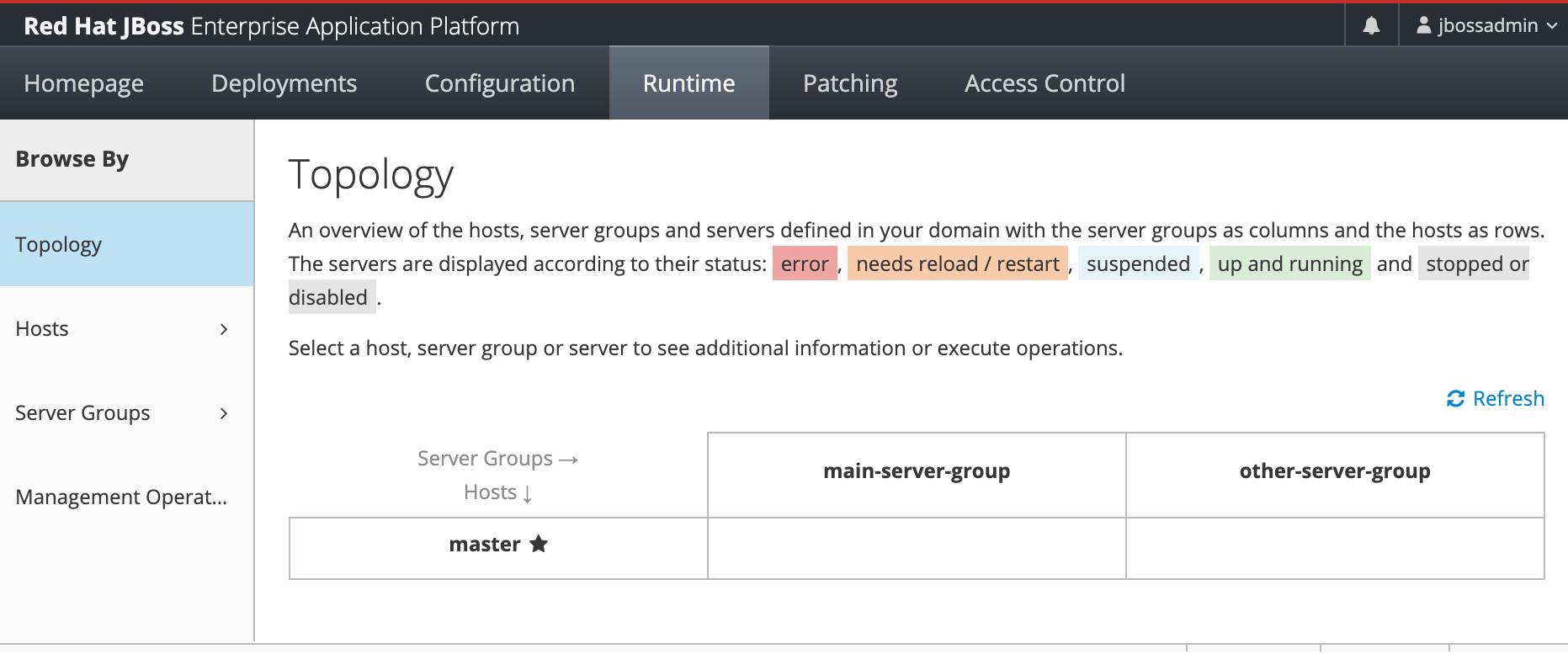 Screenshot di Red Hat JBoss Enterprise Application Platform che mostra la scheda Runtime e il riquadro Topologia solo con controller di dominio.