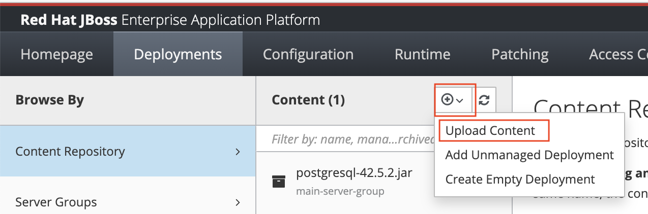 Screenshot della scheda Red Hat JBoss Enterprise Application Platform Deployments con l'opzione di menu Carica contenuto evidenziata.
