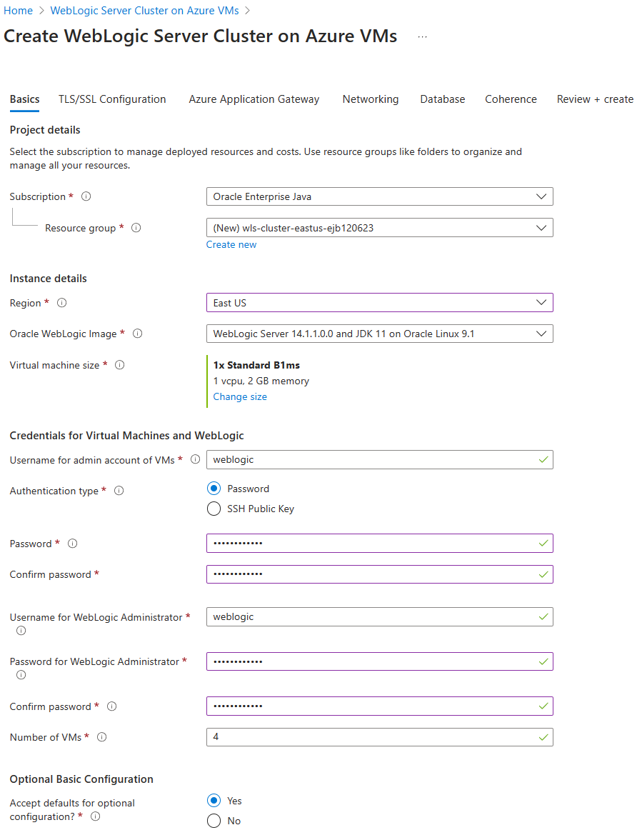 Screenshot della portale di Azure che mostra il riquadro Informazioni di base sul cluster Oracle WebLogic Server nelle macchine virtuali di Azure.
