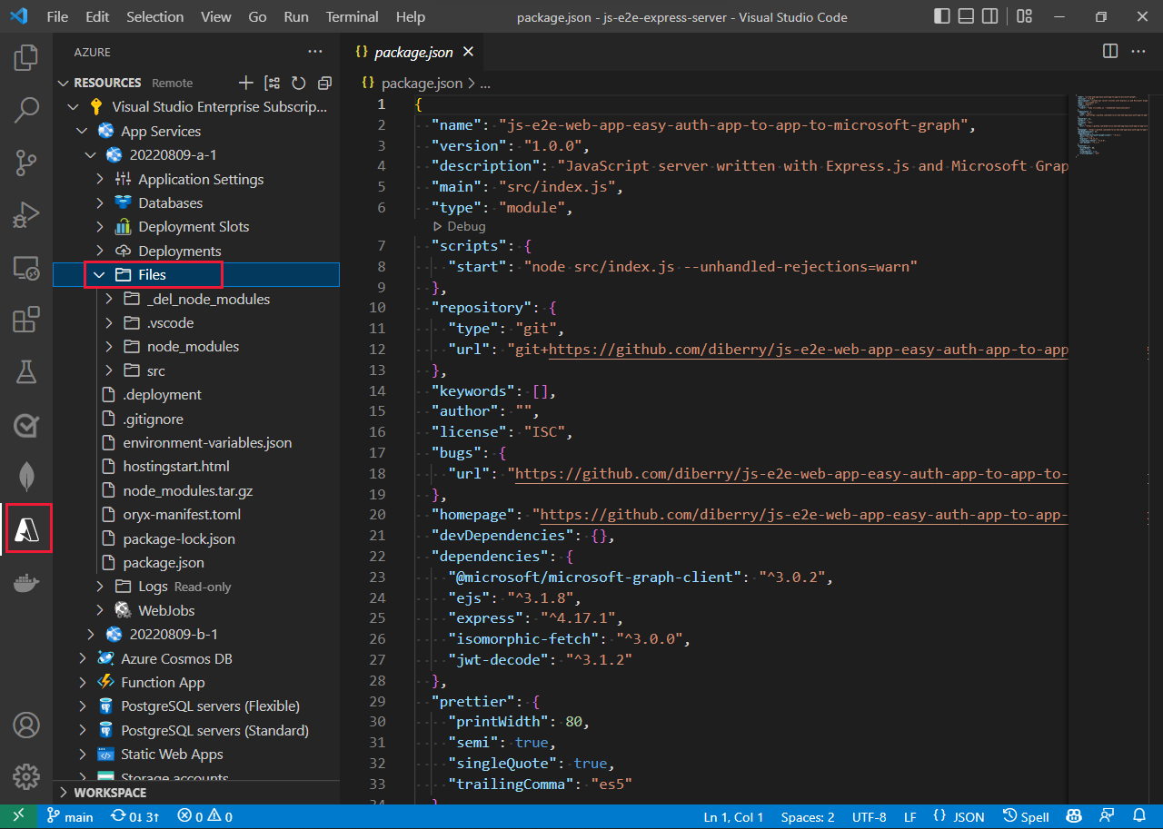 [Azure App service and Azure Functions app extensions both provide a view of the remote files.