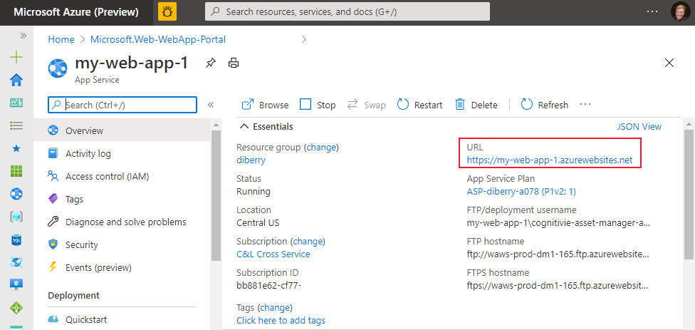 View your HTTP endpoint from the service's Overview page on the Azure portal.