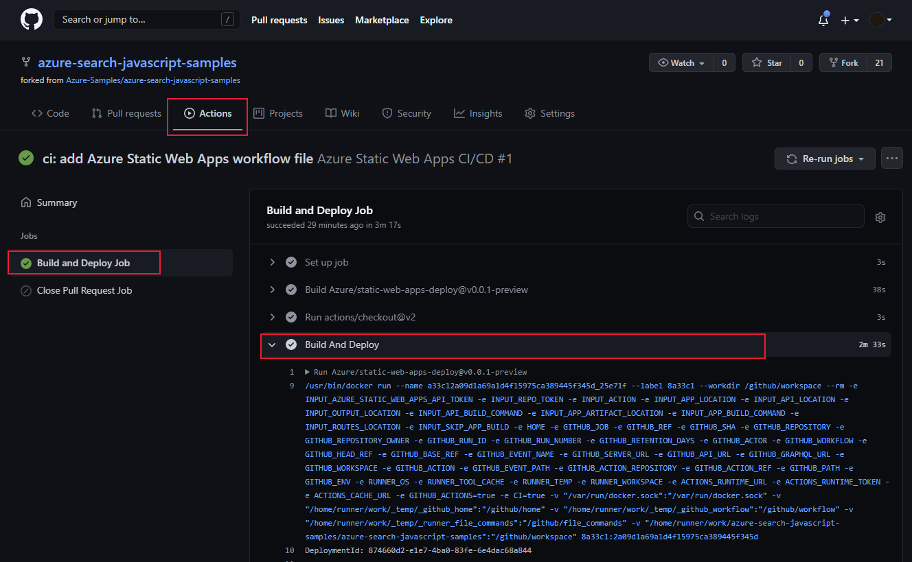 Visualizzare l'esito positivo della distribuzione da GitHub Action.