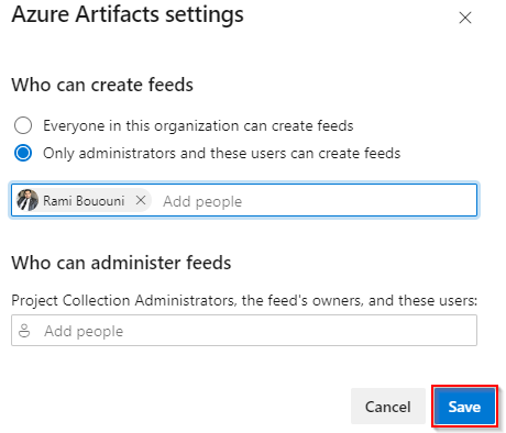 Screenshot che mostra come configurare le impostazioni di Azure Artifacts.