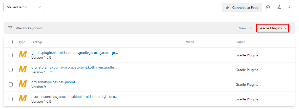 Screenshot che mostra i pacchetti di Gradle Plugins.