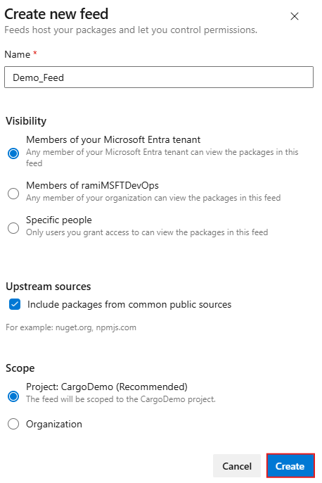 Screenshot che mostra come creare un nuovo feed con origini upstream abilitate in Azure Artifacts.