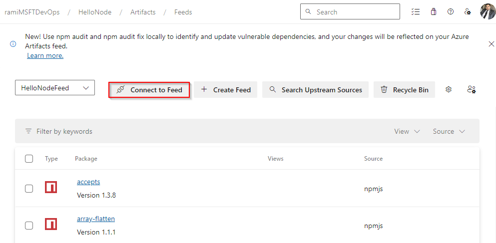 Screenshot che mostra come connettersi a un feed in Azure DevOps Services.