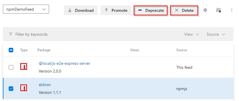 Screenshot che mostra come deprecare o eliminare un pacchetto npm.
