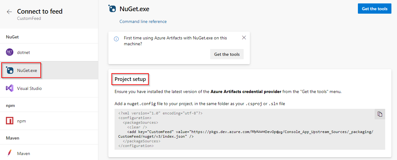 Screenshot che mostra come connettersi ai feed NuGet.