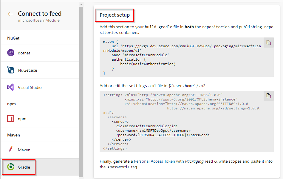 Screenshot che mostra come connettersi a un feed con progetti Gradle.
