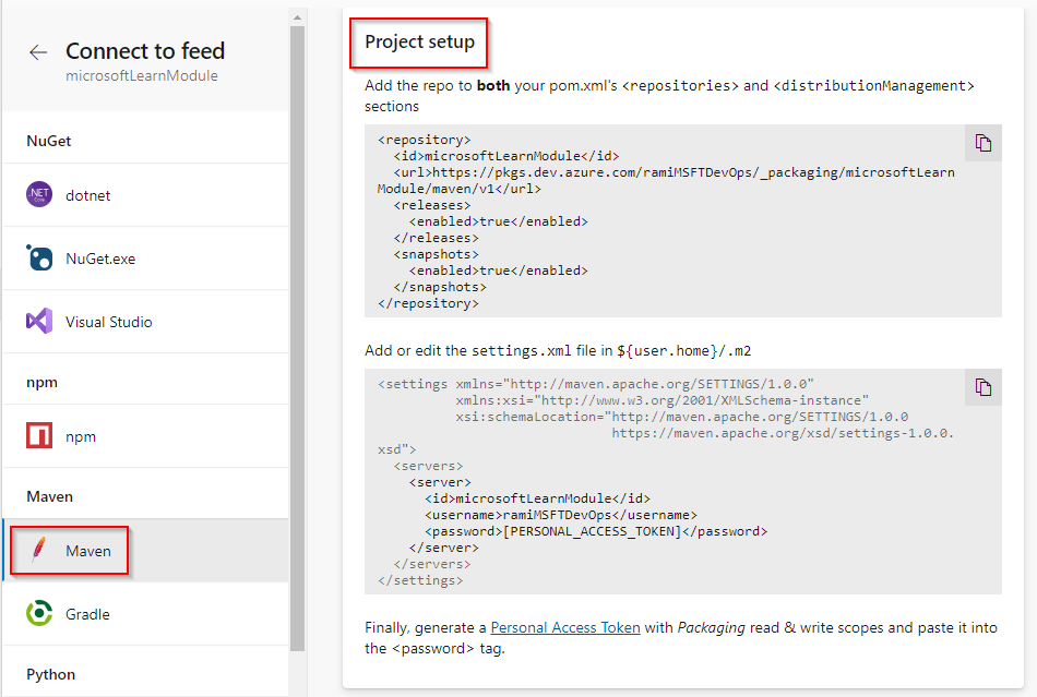 Screenshot che mostra come connettersi a un feed con i progetti Maven.