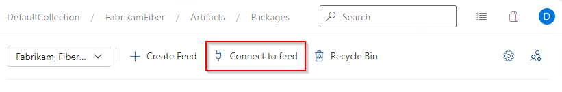 Screenshot che mostra come connettersi a un feed in Azure DevOps Server 2020.1.
