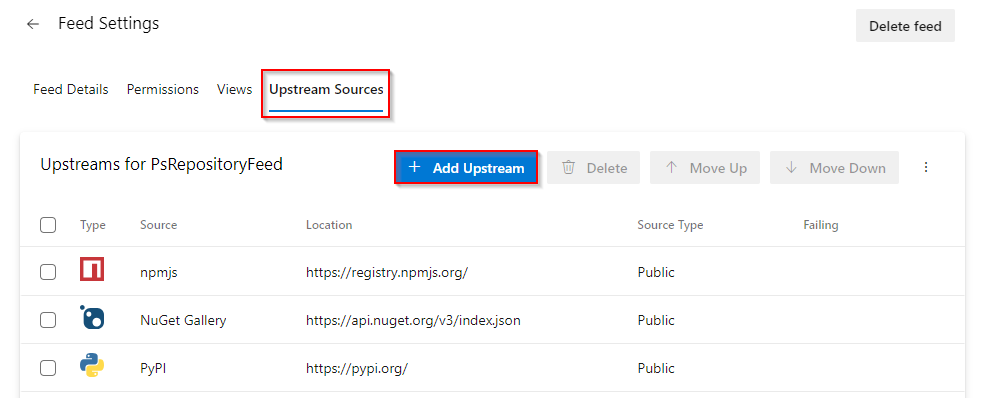 Screenshot che mostra come aggiungere una nuova origine upstream.