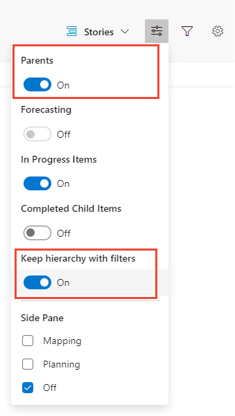 Screenshot del menu Opzioni di visualizzazione, Mantieni gerarchia con filtri selezionati.