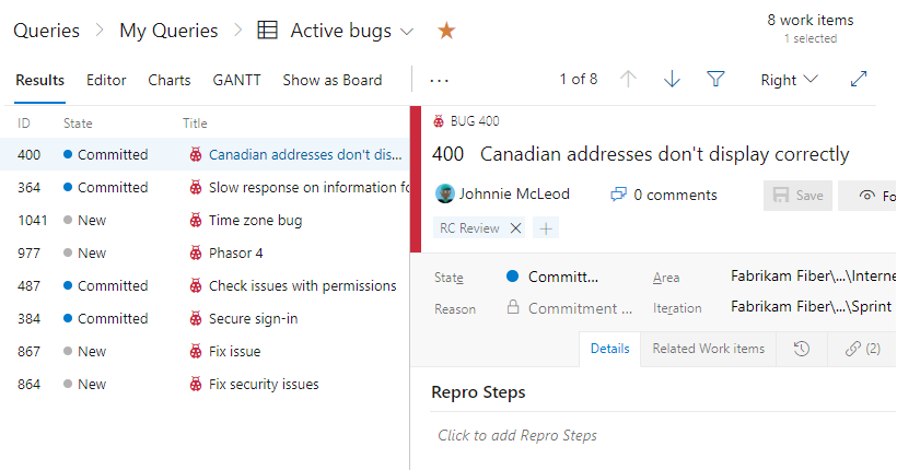 Screenshot del riquadro Risultati query, Bug attivi e Modalità di valutazione a destra.
