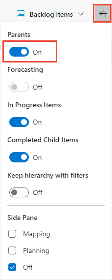 Screenshot delle schede, dei backlog, delle opzioni Apri visualizzazione e scegliere Genitori in, versione cloud.