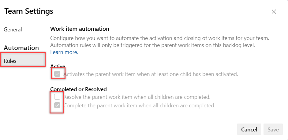 Screenshot della pagina delle impostazioni delle regole di automazione del team.