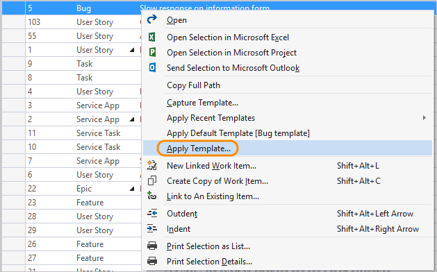 Screenshot di Applica modello all'elemento di lavoro selezionato da Visual Studio con Power Tools installato.