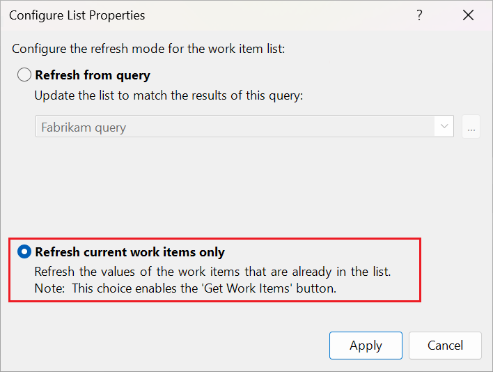 Screenshot della finestra di dialogo Configura proprietà elenco che mostra l'opzione Aggiorna solo elementi di lavoro evidenziata.