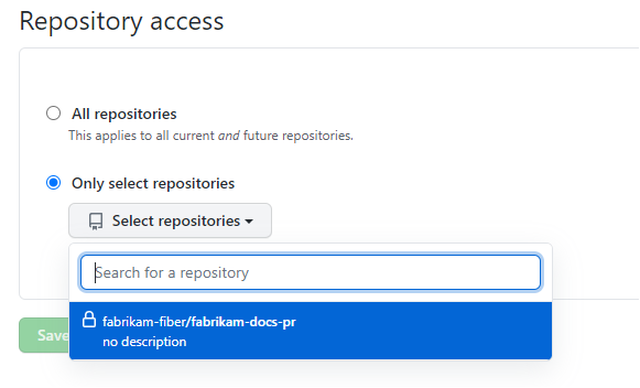 Screenshot dell'accesso al repository, scegliere Solo repository selezionati.