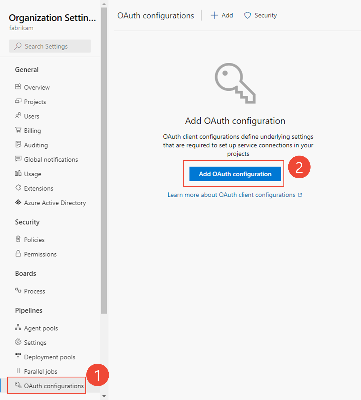 Screenshot di Open Organization Impostazioni, configurazioni OAuth.