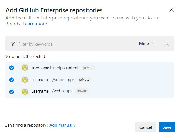 Screenshot of repositories to select to add.