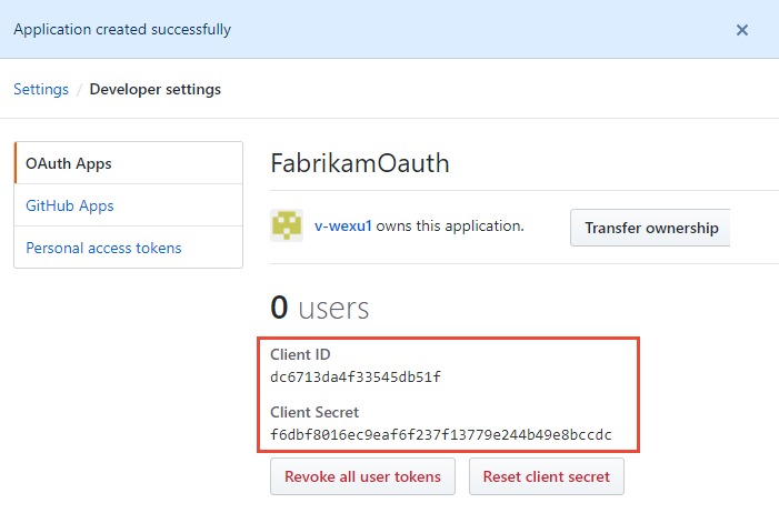Screenshot dell'ID client e del segreto client per l'applicazione OAuth registrata.