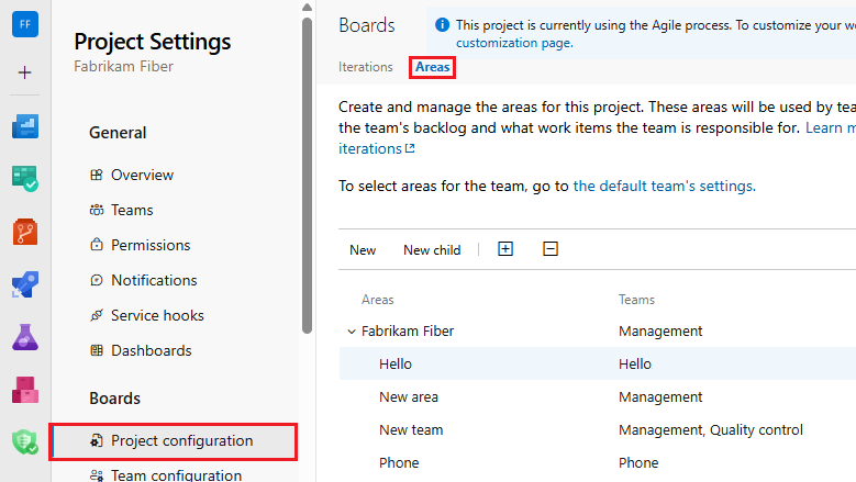 Screenshot che mostra la selezione di impostazioni progetto, configurazione progetto, Aree.