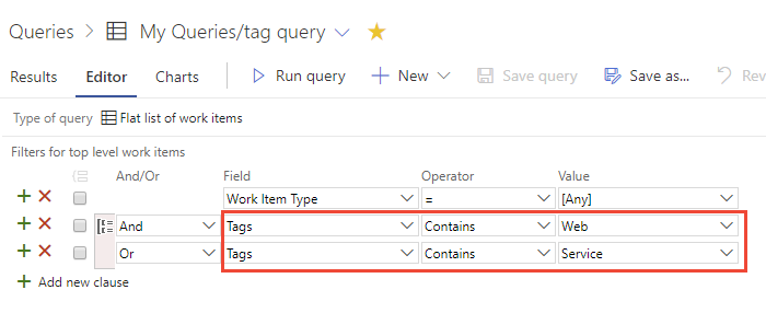 Screenshot di Editor di query per eseguire query sui tag.