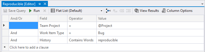 Screenshot di Editor di query per cercare elementi in base alle parole contenute nel campo Cronologia in Team Explorer.