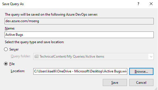 Screenshot, Visual Studio, Salva query come file WIQ.