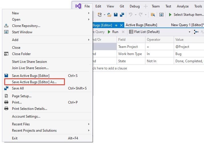 Screenshot, Visual Studio, menu File, salva query con nome.