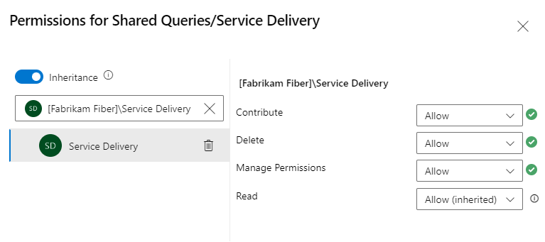 Screenshot della finestra di dialogo delle autorizzazioni per una cartella di query.