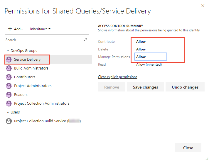 Screenshot della finestra di dialogo Autorizzazioni per una cartella di query, Azure DevOps Server 2019.
