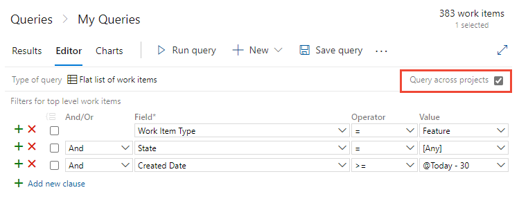 Screenshot dell'editor delle query con l'opzione 'Query tra progetti' selezionata.