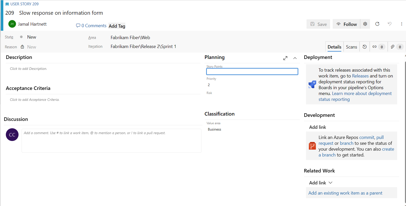 Screenshot del modulo dell'elemento di lavoro User Story.