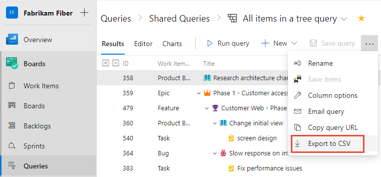 Screenshot che mostra come esportare una query come CSV.
