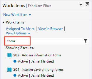 Screenshot di Visual Studio 2019, Team Explorer, pagina Elementi di lavoro, Filtro in base a una parola chiave.