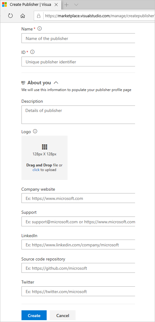 Screenshot che mostra il pulsante evidenziato Crea editore.