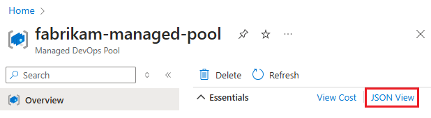 Screenshot del pulsante Visualizzazione JSON nella schermata panoramica del pool.